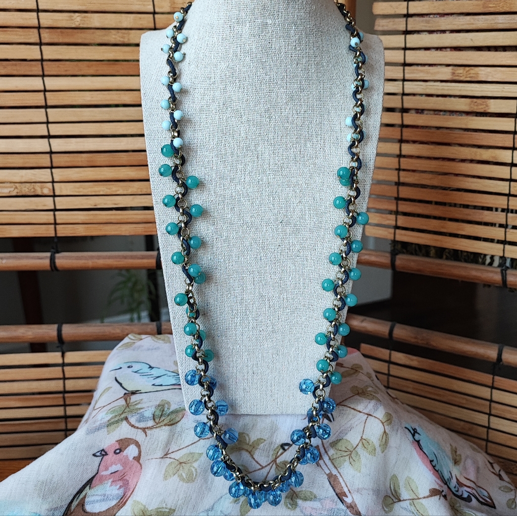 Coldwater Creek Light Weight Extra Long Blue And Jade Green Necklace Gold Tone 25$
